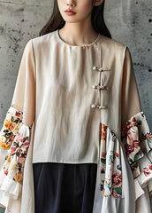 Plus Size Beige O Neck Chinese Button Patchwork Cotton Tops Summer