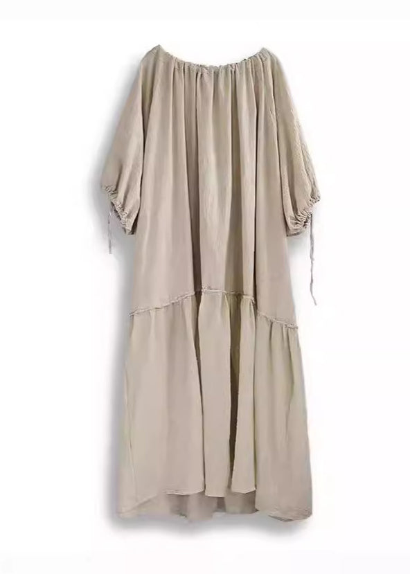 Plus Size Beige O-Neck Drawstring Patchwork Maxi Dress Bracelet Sleeve