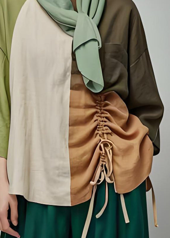 Plus Size Colorblock Cinched Patchwork Cotton Top Summer