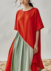 Plus Size Colorblock O Neck Patchwork Cotton Dresses Summer