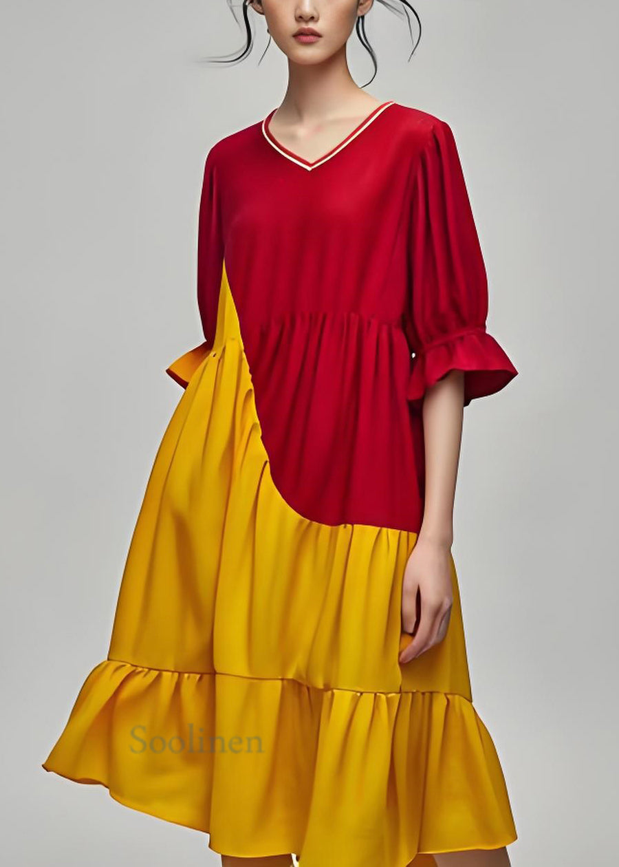 Plus Size Colorblock V Neck Wrinkled Cotton Dress Summer