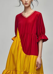 Plus Size Colorblock V Neck Wrinkled Cotton Dress Summer