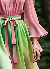 Plus Size Gradient Color Pink Tie Waist Silk Long Dress Long Sleeve