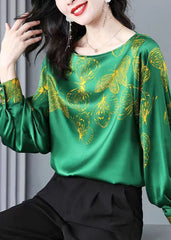 Plus Size White crane O-Neck Butterfly Print Silk Blouse Tops Long Sleeve