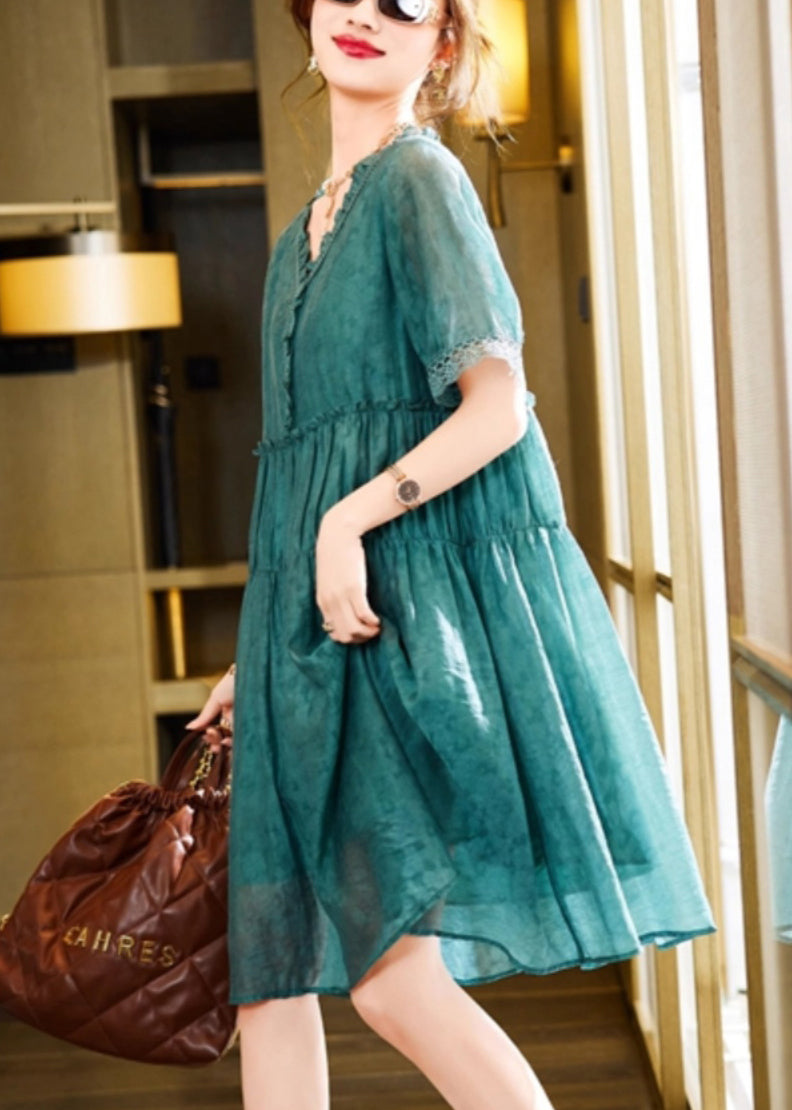 Plus Size Green Ruffled Linen Silk Vacation Dresses Summer