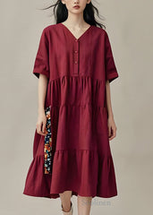 Plus Size Mulberry V Neck Wrinkled Patchwork Cotton Dresses Summer