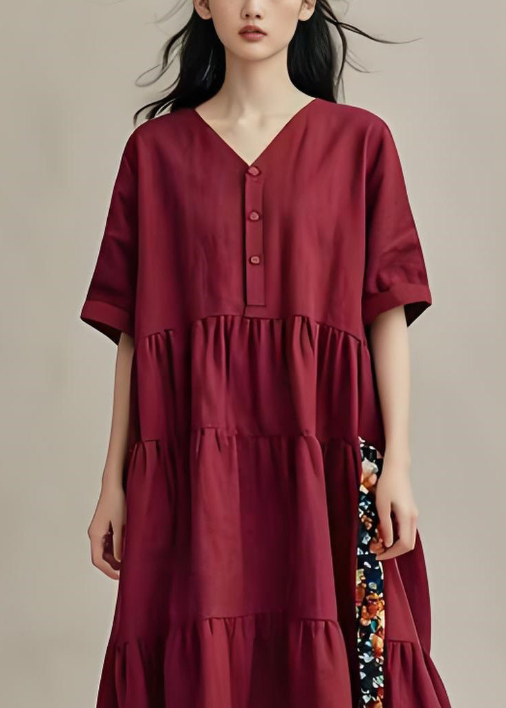 Plus Size Mulberry V Neck Wrinkled Patchwork Cotton Dresses Summer