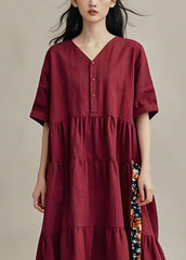 Plus Size Mulberry V Neck Wrinkled Patchwork Cotton Dresses Summer