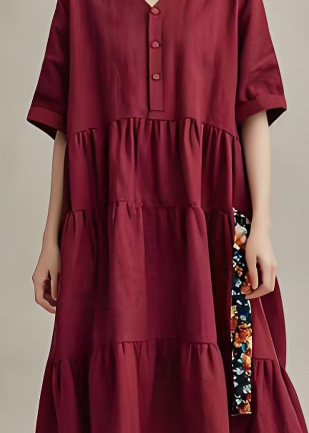 Plus Size Mulberry V Neck Wrinkled Patchwork Cotton Dresses Summer