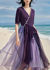 Plus Size Purple Asymmetrical Tulle Patchwork Cotton Long Dress Summer