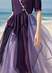 Plus Size Purple Asymmetrical Tulle Patchwork Cotton Long Dress Summer