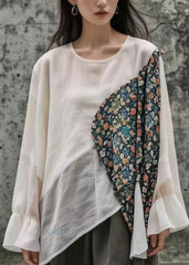 Plus Size White Asymmetrical Patchwork Cotton Top Summer