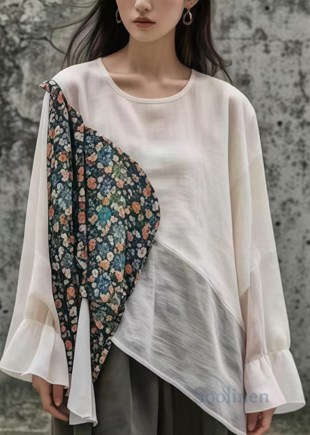 Plus Size White Asymmetrical Patchwork Cotton Top Summer