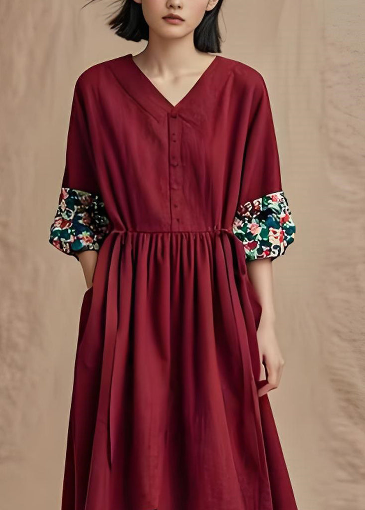 Plus Size Wine Red V Neck Wrinkled Patchwork Cotton Dresses Summer