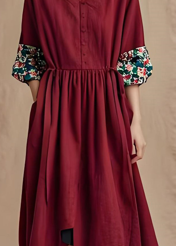 Plus Size Wine Red V Neck Wrinkled Patchwork Cotton Dresses Summer