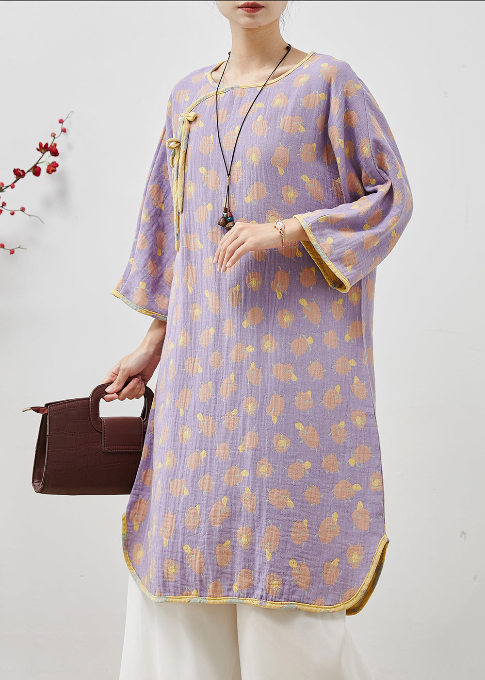 Purple Print Cotton Oriental Dresses Tasseled Spring