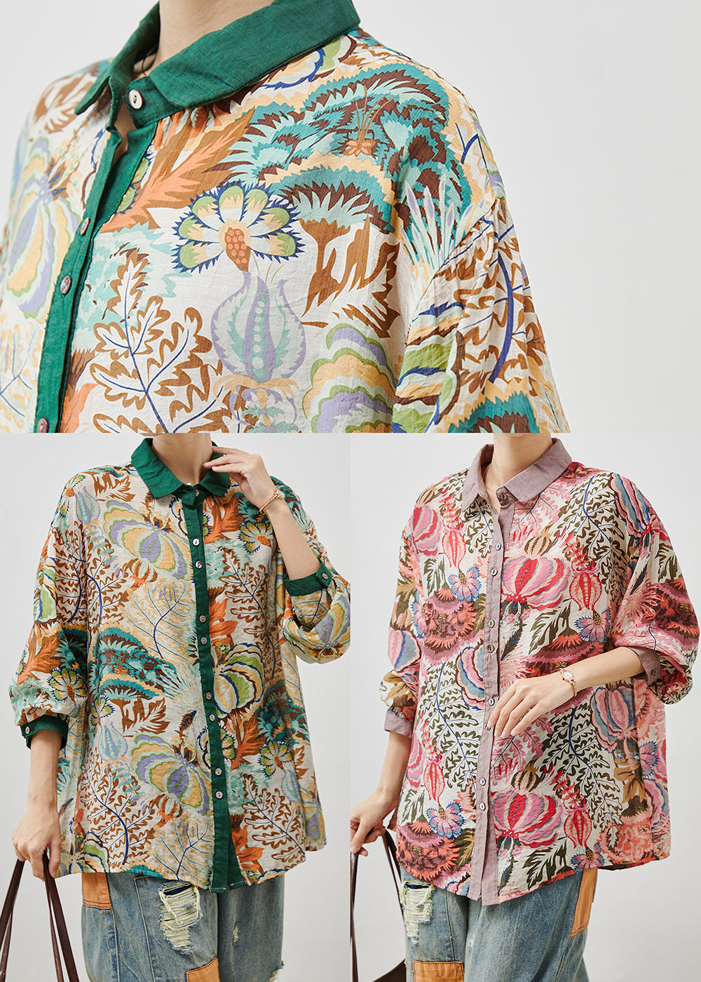 Purple Print Linen Shirt Tops Oversized Summer