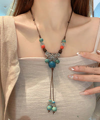 Retro Brown Alloy Ceramic Hemp Rope Tassel Pendant Necklace