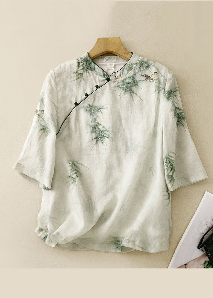 Retro Green Stand Collar Embroidered Linen Shirt Top Summer