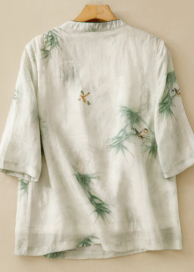 Retro Green Stand Collar Embroidered Linen Shirt Top Summer