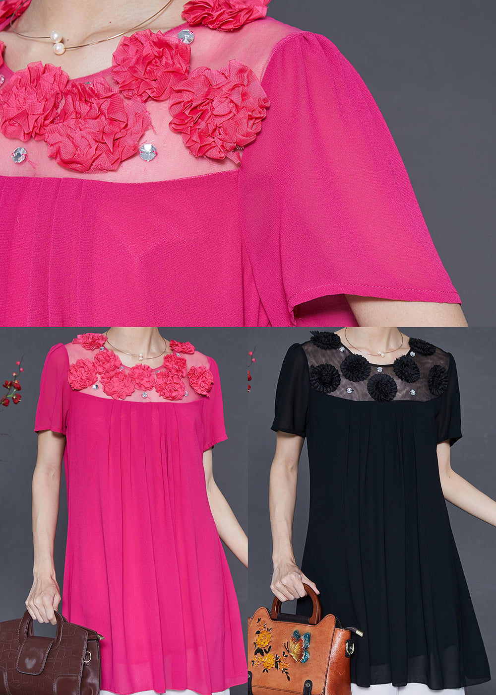 Rose Patchwork Chiffon Dress Stereoscopic Flower Summer