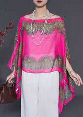 Rose Print Chiffon Tops Slash Neck Asymmetrical Summer