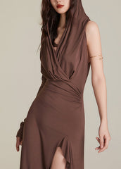 Sexy Chocolate Wrinkled Patchwork Holiday Hoode Long Dress Sleeveless