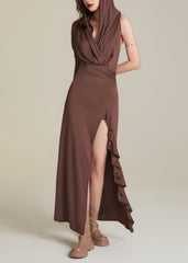 Sexy Chocolate Wrinkled Patchwork Holiday Hoode Long Dress Sleeveless