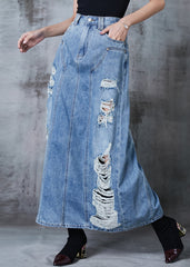 Silm Fit Light Blue High Waist Denim Ripped Skirt Summer