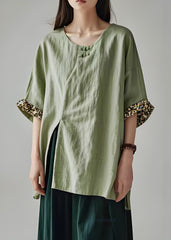 Simple Green O Neck Side Open Cotton Blouses Top Summer