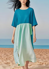 Simple Plus Size Colorblock O Neck Cotton Long Dress Summer