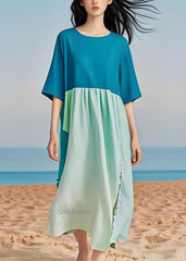 Simple Plus Size Colorblock O Neck Cotton Long Dress Summer