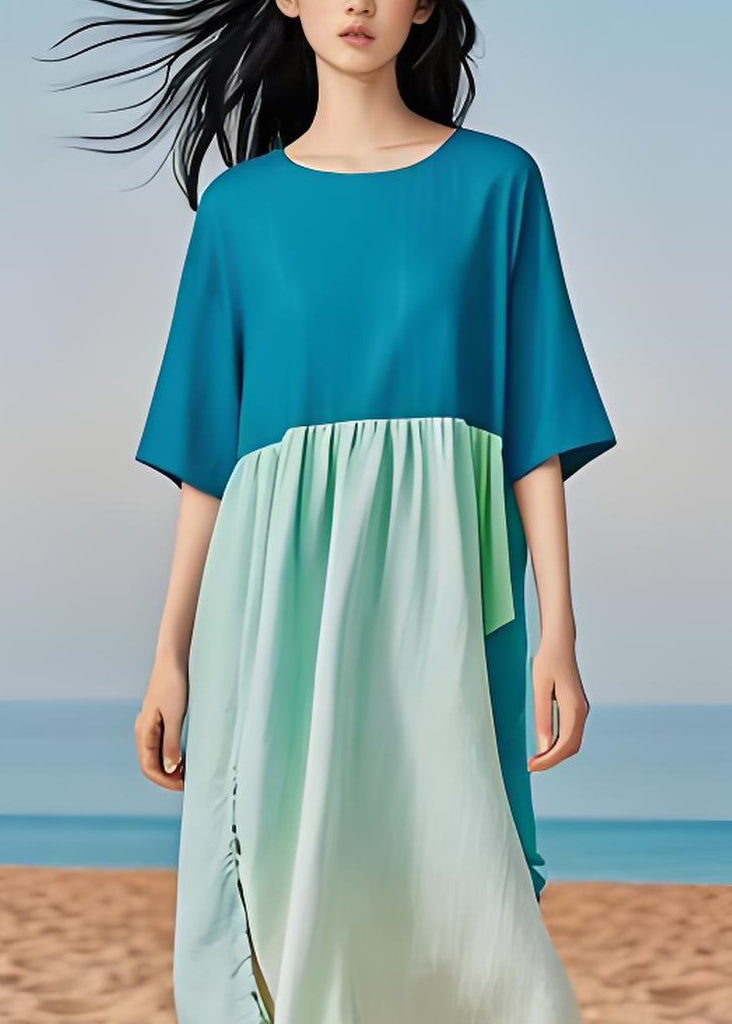 Simple Plus Size Colorblock O Neck Cotton Long Dress Summer