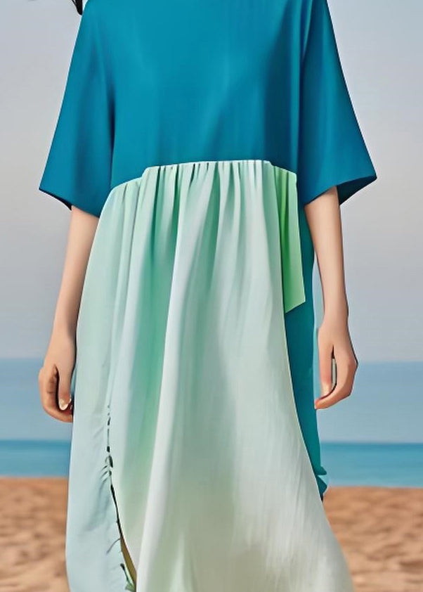 Simple Plus Size Colorblock O Neck Cotton Long Dress Summer