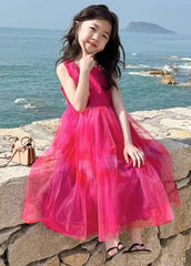 Simple Red Square Collar Patchwork Tulle Girls Long Holiday Dress Sleeveless