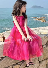 Simple Red Square Collar Patchwork Tulle Girls Long Holiday Dress Sleeveless