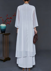 Simple White Embroidered Lace Up Chiffon Dresses Summer