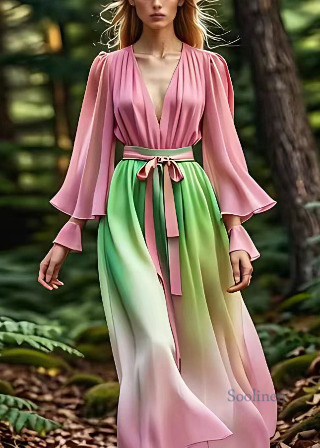 Slim Fit Pink V Neck Silk Long Dresses Long Sleeve