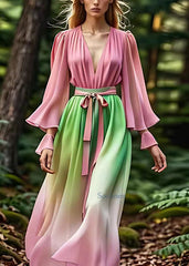 Slim Fit Pink V Neck Silk Long Dresses Long Sleeve