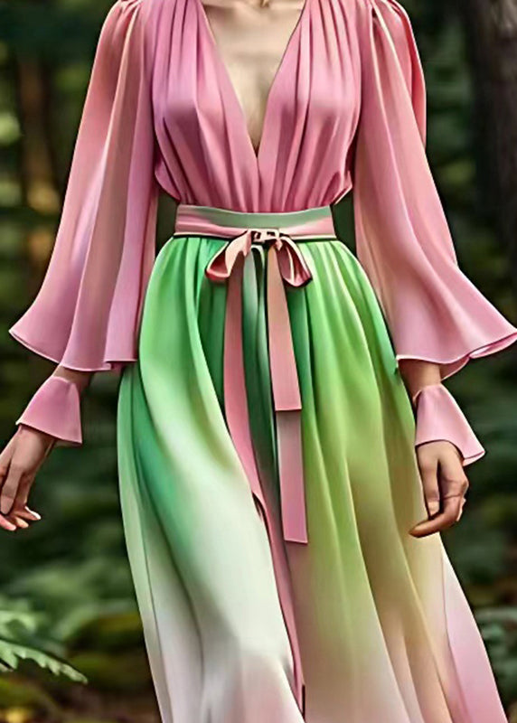 Slim Fit Pink V Neck Silk Long Dresses Long Sleeve