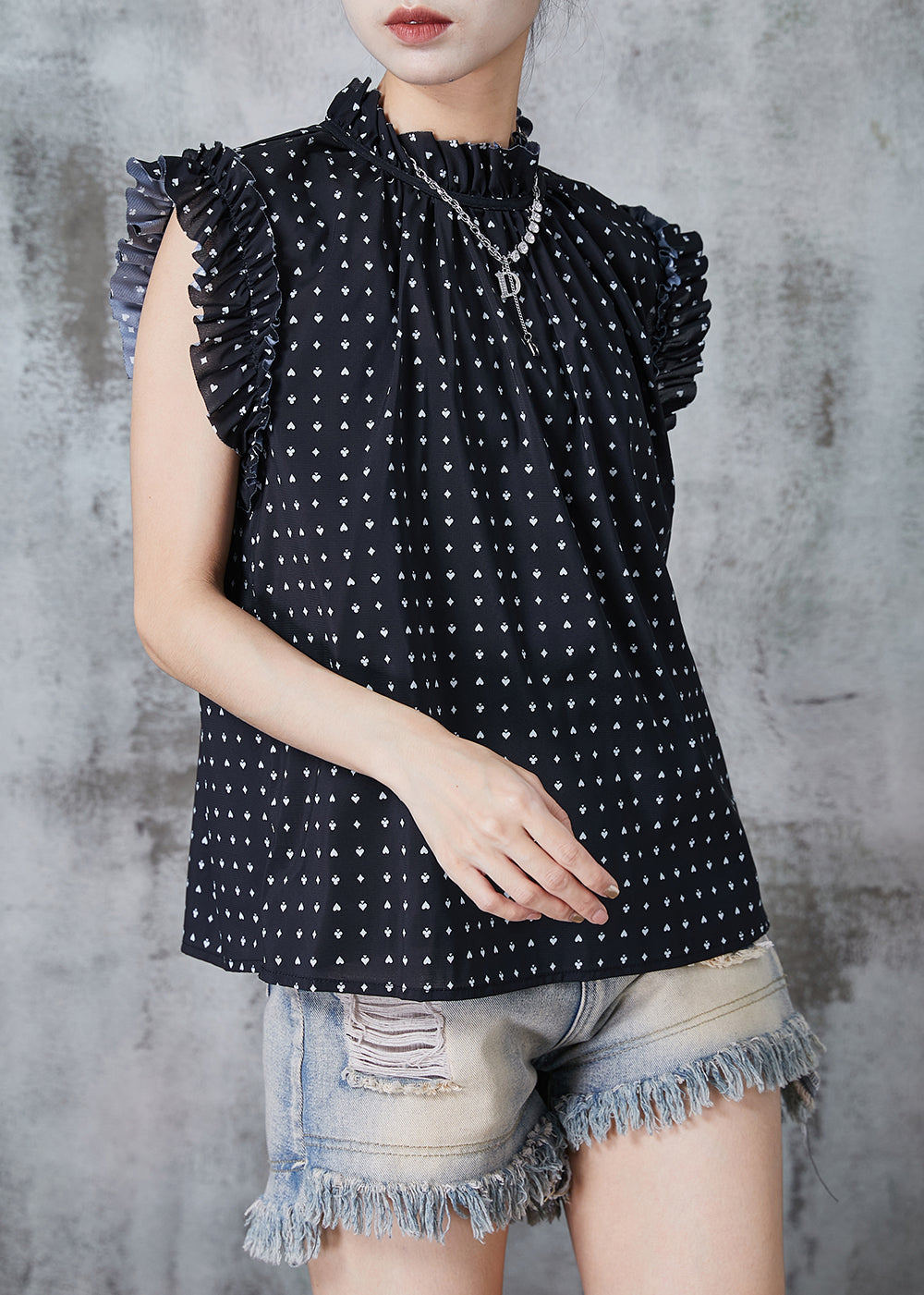 Style Black Ruffled Print Chiffon Tops Summer