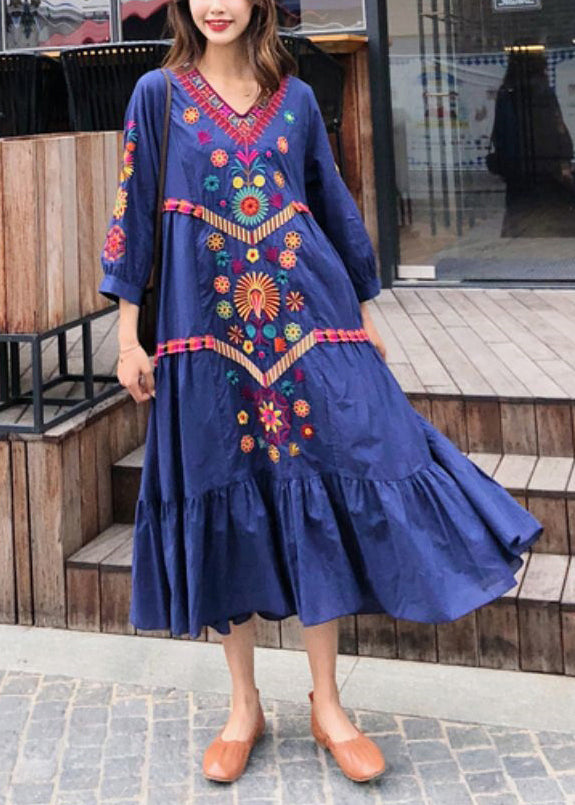 Style Blue Embroidered Exra Large Hem Cotton Dress Summer