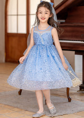 Style Blue Ruffled Patchwork Nail Bead Tulle Girls Long Dress Summer