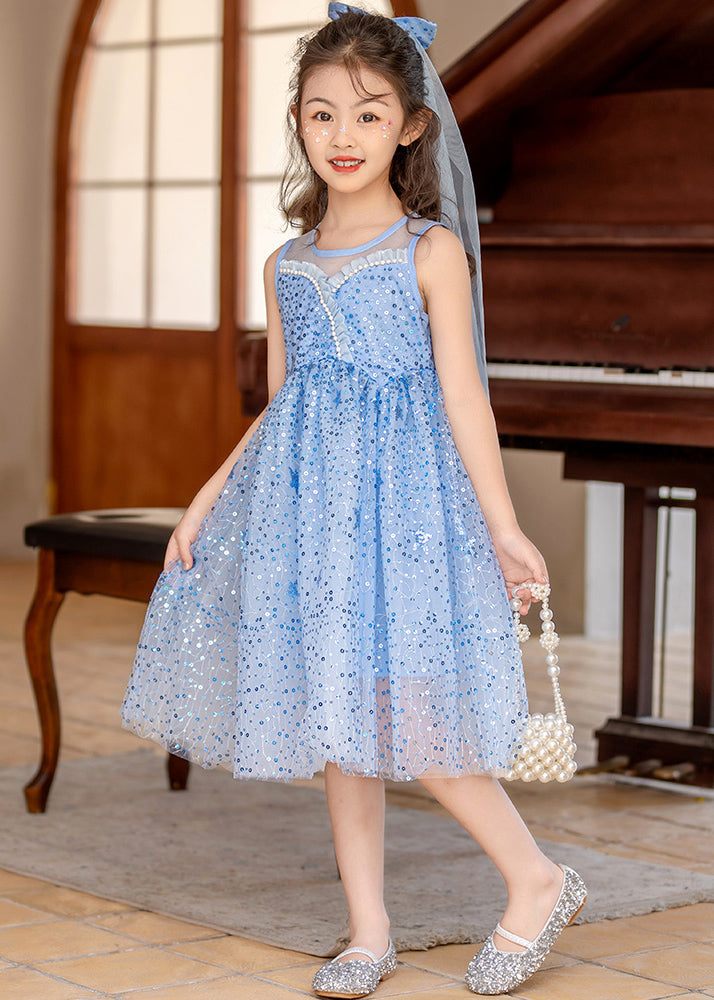 Style Blue Ruffled Patchwork Nail Bead Tulle Girls Long Dress Summer