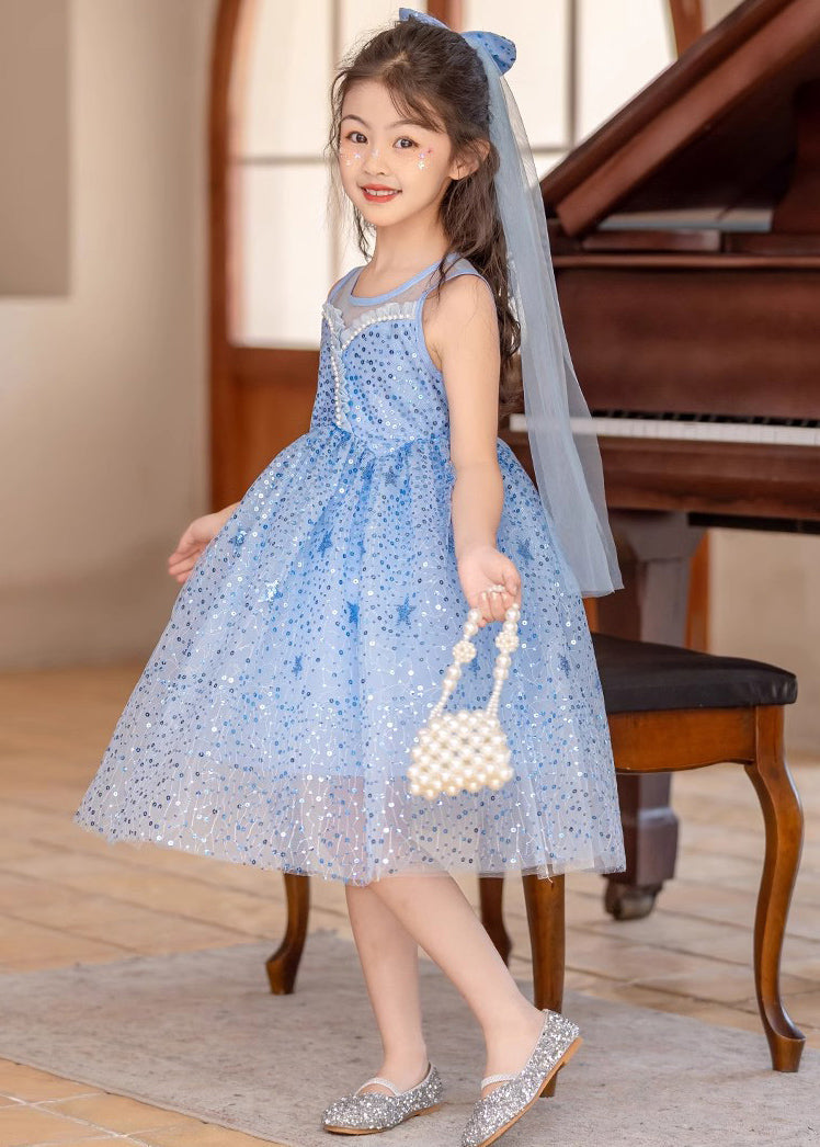 Style Blue Ruffled Patchwork Nail Bead Tulle Girls Long Dress Summer