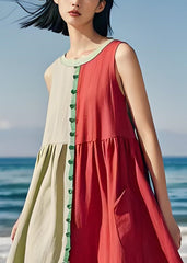 Style Colorblock O Neck Wrinkled Cotton Dresses Sleeveless