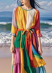 Style Colorblock Ruffled Asymmetrical Design Patchwork Cotton Dresses Summer