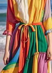 Style Colorblock Ruffled Asymmetrical Design Patchwork Cotton Dresses Summer