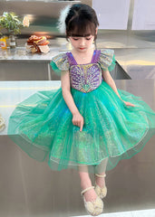 Style Green Embroideried Patchwork Nail Bead Tulle Kid Maxi Dress Short Sleeve