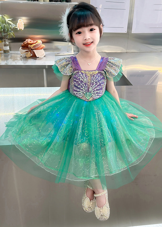 Style Green Embroideried Patchwork Nail Bead Tulle Kid Maxi Dress Short Sleeve